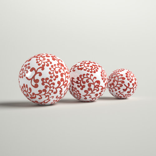 Three Posts Atencio 3 Piece Ceramic Orbs Red and White Fern Floral